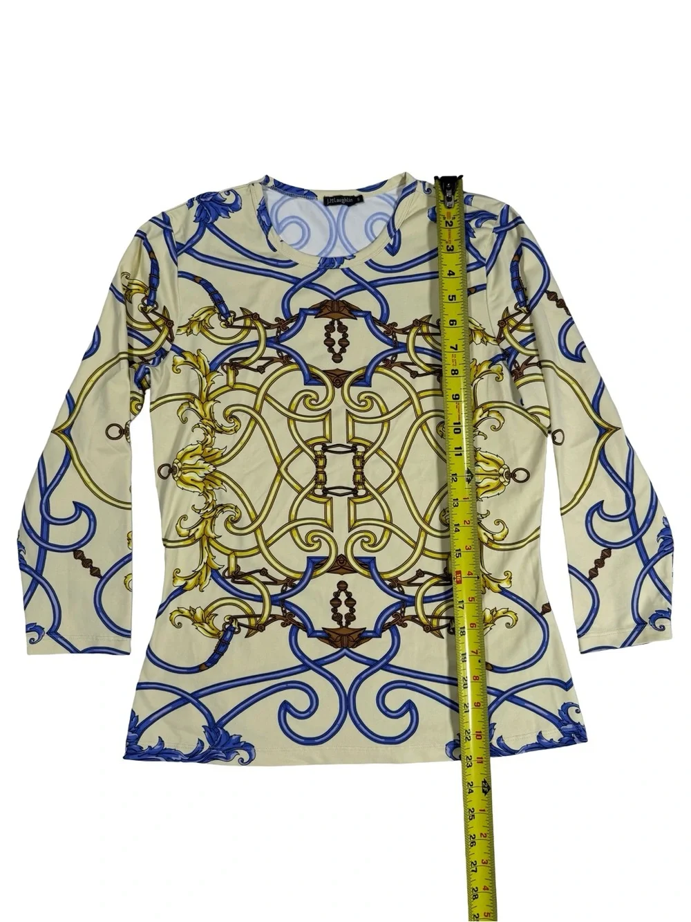 J McLaughlin Top Sz Small Equestrian Scroll Print Blue Gold Stretch Knit Casual - Picture 4 of 8